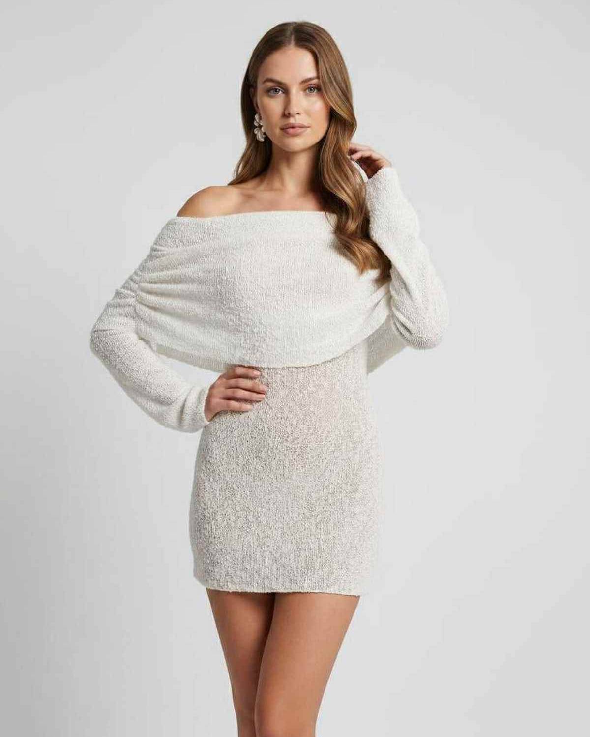 Elara Mini Dress by Lauven — textured knit long bell sleeve off-shoulder fitted mini dress