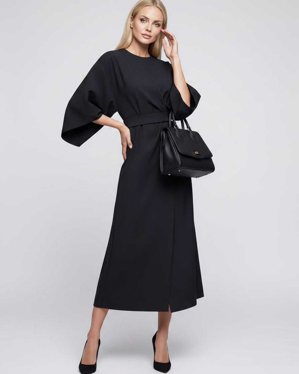 Celest Midi Dress by Lauven — breathable fabric lantern sleeve crew neck belted wrap midi dress