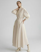 Aurelia Midi Dress by Lauven — breathable fabric long sleeve stand collar belted A-line midi dress
