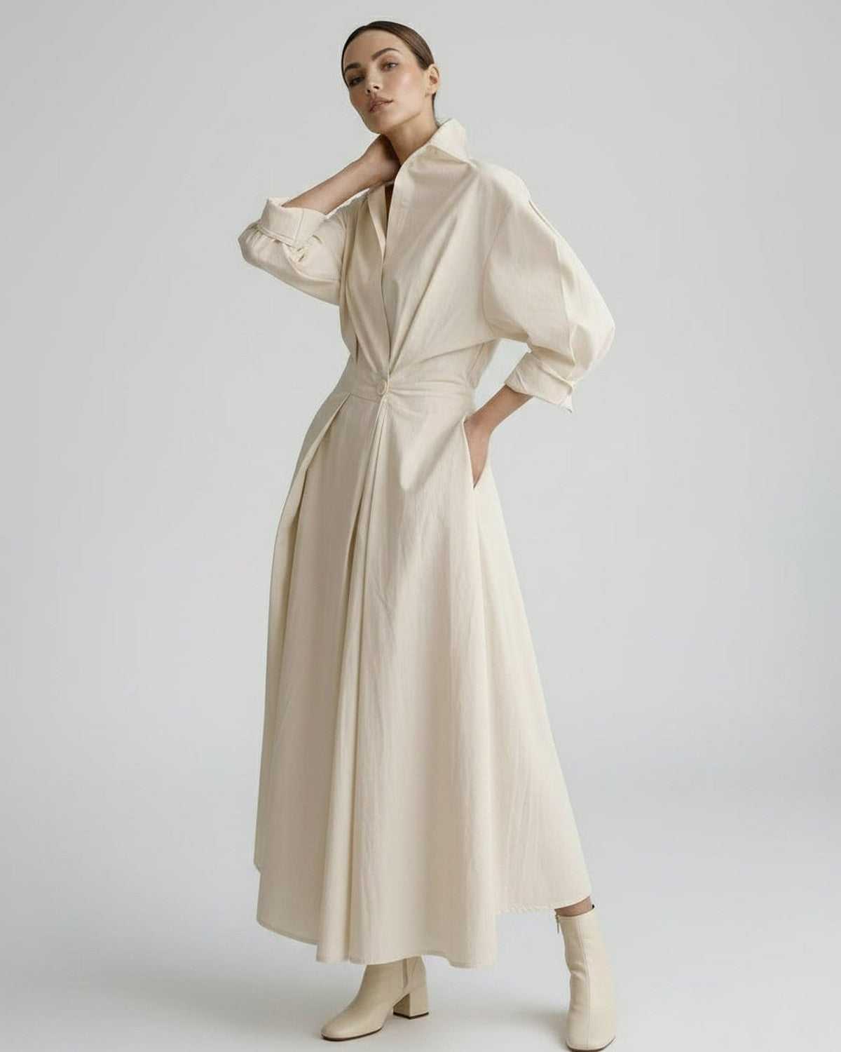 Aurelia Midi Dress by Lauven — breathable fabric long sleeve stand collar belted A-line midi dress