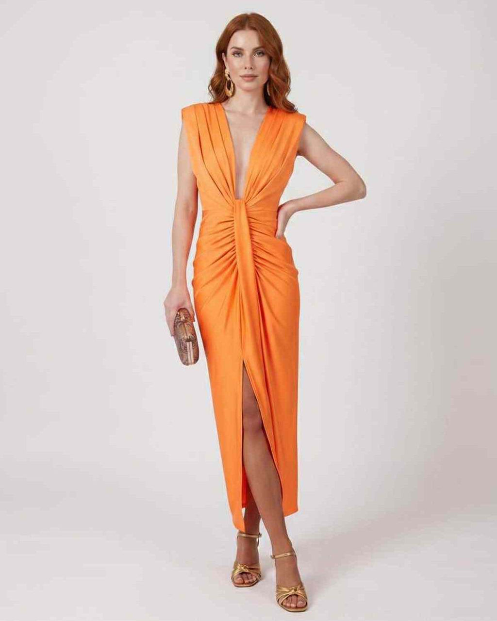Aurelle Maxi Dress by Lauven — lightweight sleeveless deep v neck fitted maxi dress with pleats and slit