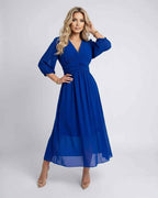 Veloura Midi Dress by Lauven — lightweight chiffon three quarter sleeve v neck A-line midi dress