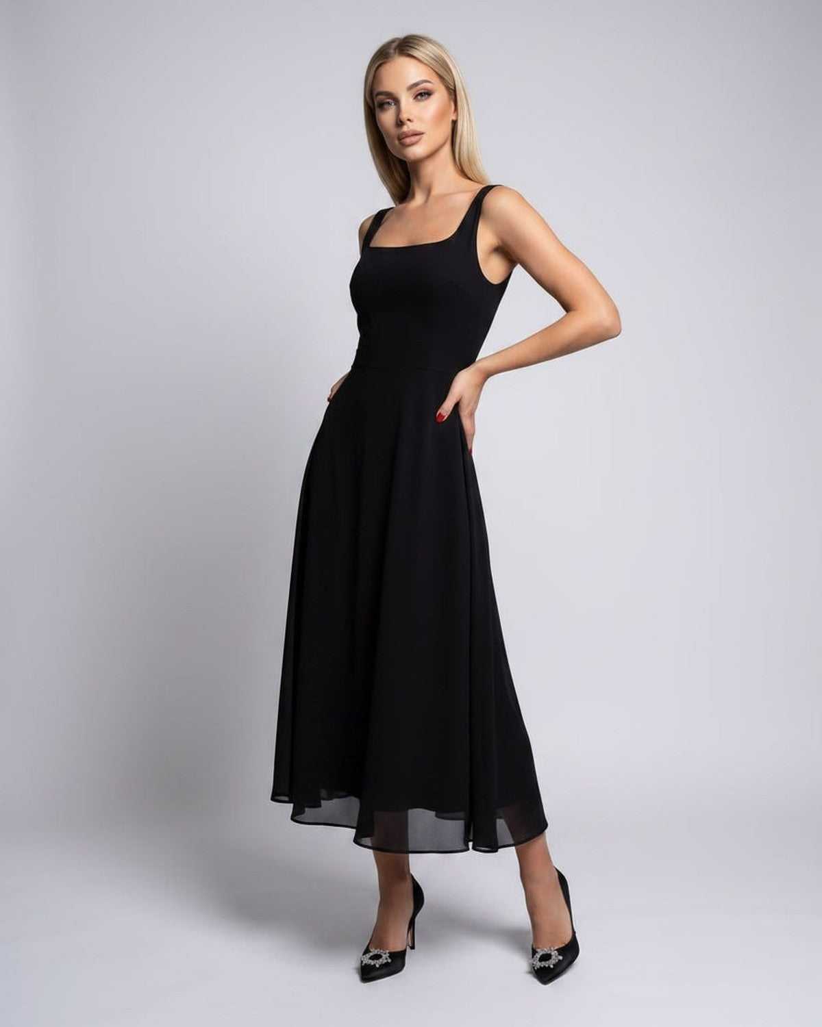 Lunara Midi Dress by Lauven — lightweight chiffon sleeveless square neck A-line midi dress