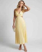 Lunara Midi Dress by Lauven — satin sleeveless V-neck flowing pleated midi dress