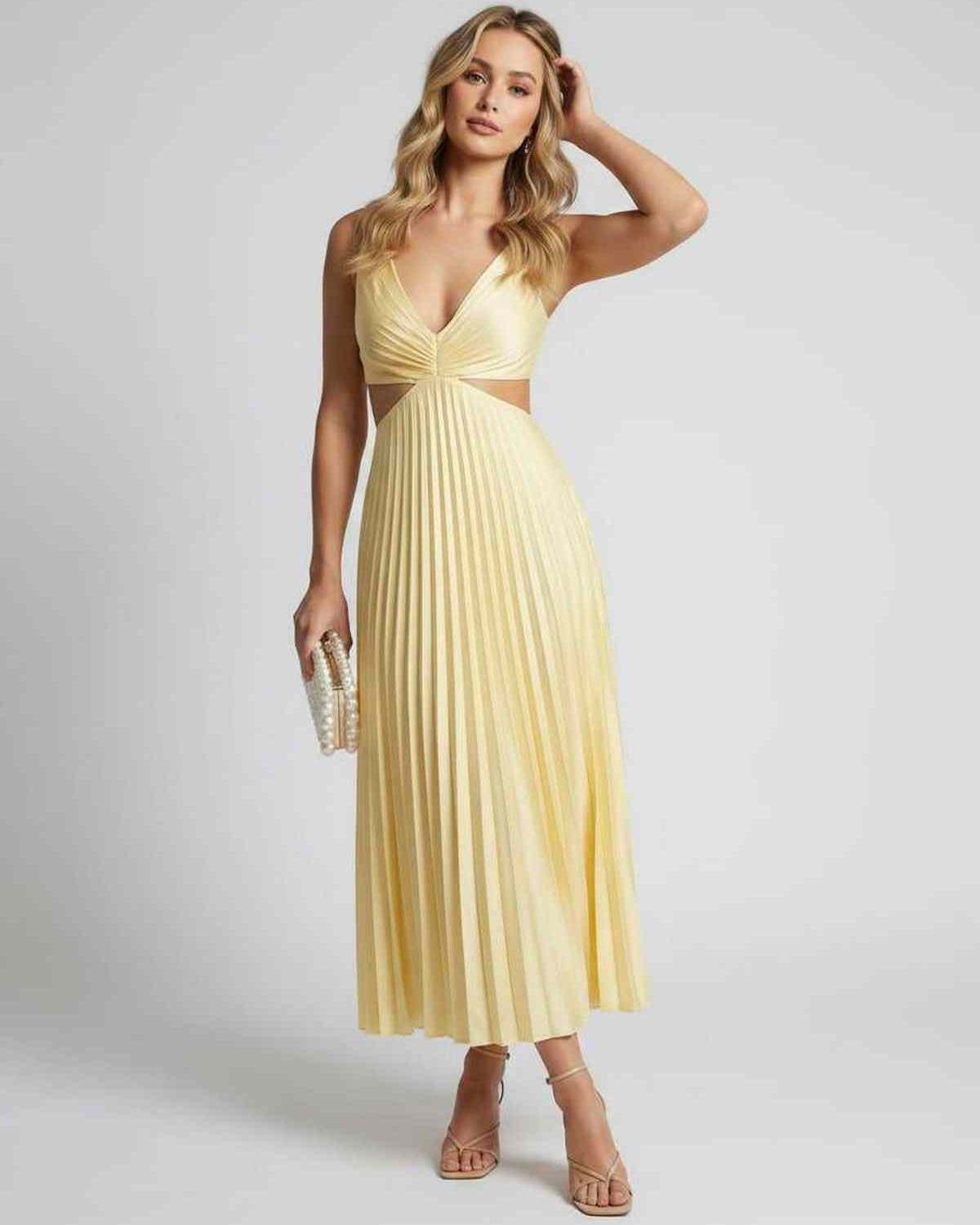 Lunara Midi Dress by Lauven — satin sleeveless V-neck flowing pleated midi dress