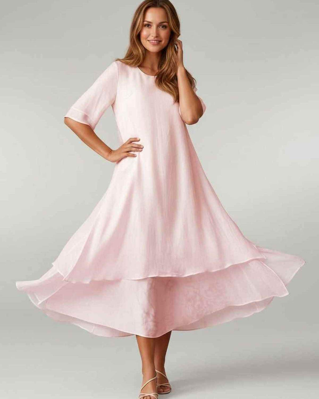 Aurelia Midi Dress by Lauven — lightweight short sleeve round neck layered midi dress