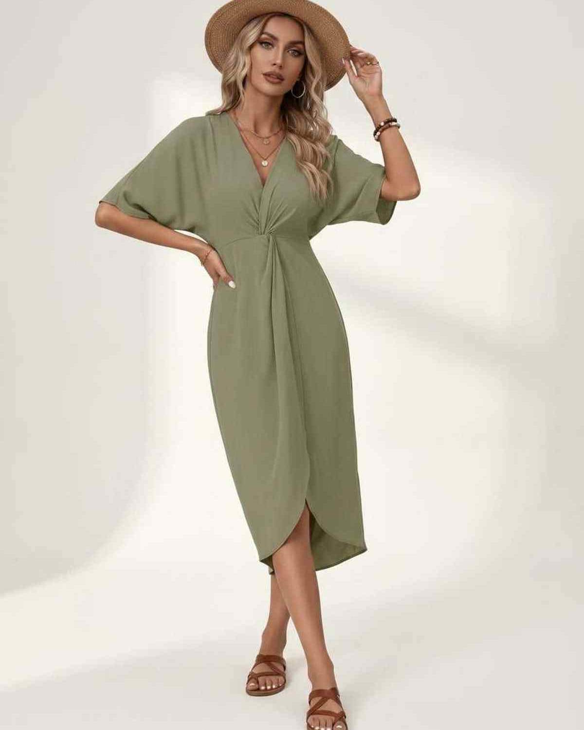 Elara Midi Dress by Lauven — premium short sleeve V-neck wrap style midi dress
