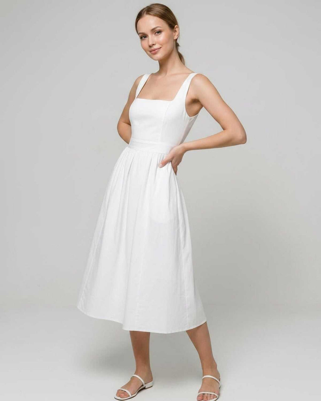 Aveline Midi Dress by Lauven — lightweight sleeveless square neck fit and flare midi dress