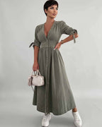 Eloria Midi Dress by Lauven — lightweight mid sleeve V-neck button front fit and flare midi dress