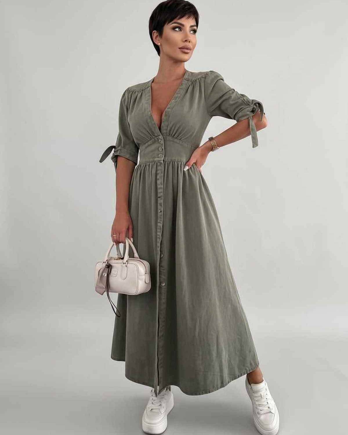 Eloria Midi Dress by Lauven — lightweight mid sleeve V-neck button front fit and flare midi dress