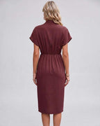 Veloura Midi Dress by Lauven — satin cap sleeve V-neck draped midi dress