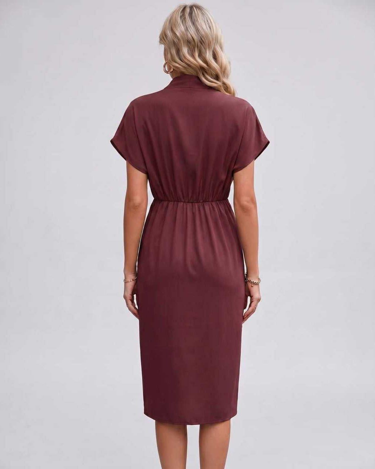 Veloura Midi Dress by Lauven — satin cap sleeve V-neck draped midi dress