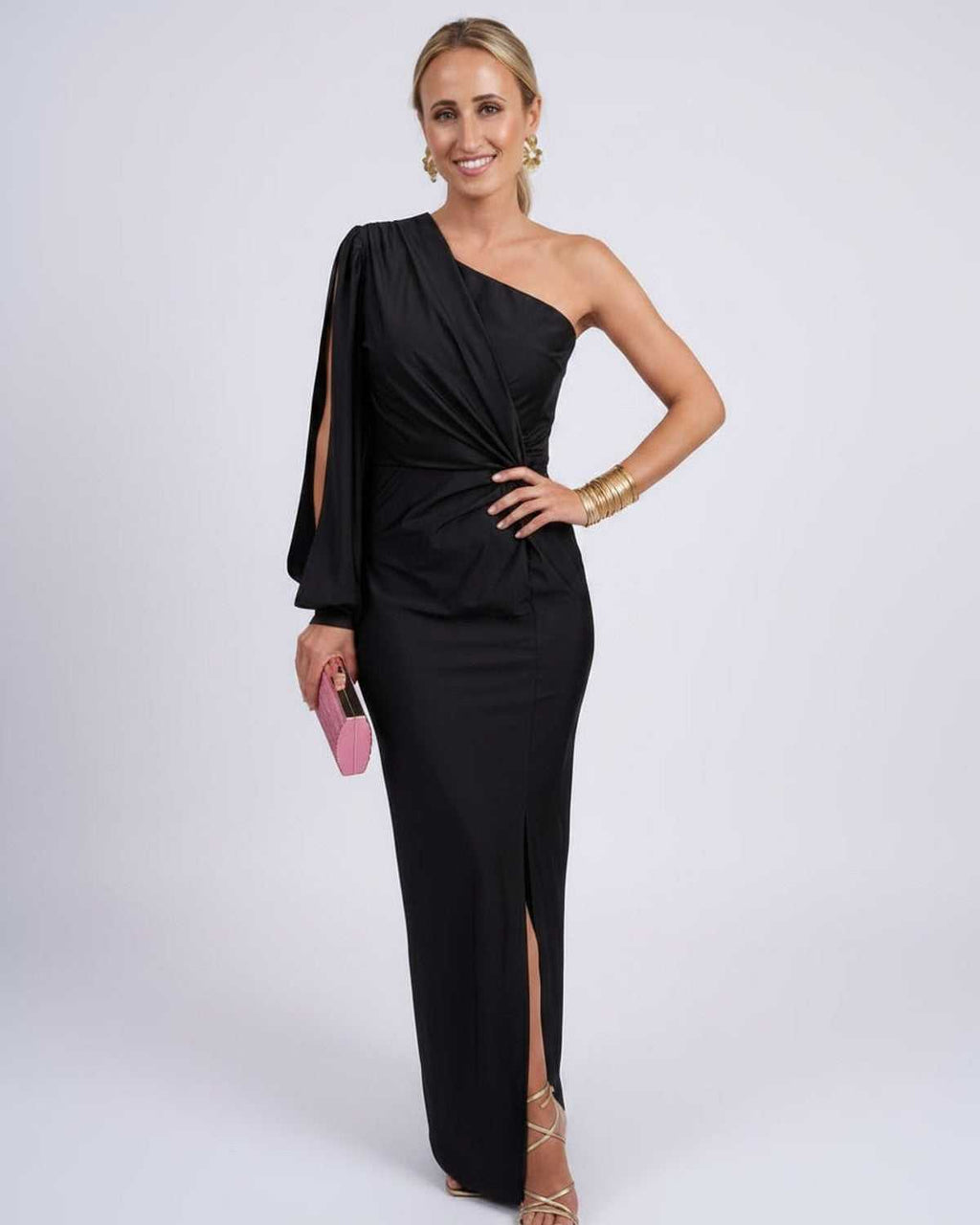 Veloura Maxi Dress by Lauven — satin one-shoulder long sleeve draped maxi dress