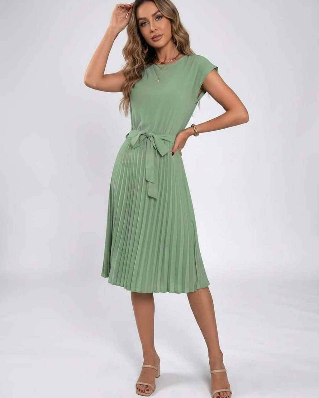 Lunessa Midi Dress by Lauven — pleated chiffon cap sleeve round neck midi dress