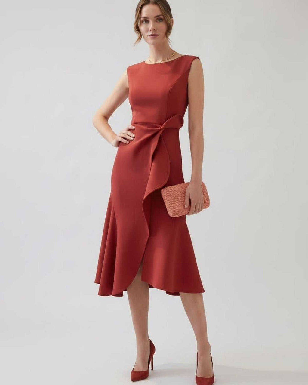 Serelune Midi Dress by Lauven — sleeveless satin midi dress with ruffle detail and fit flare silhouette