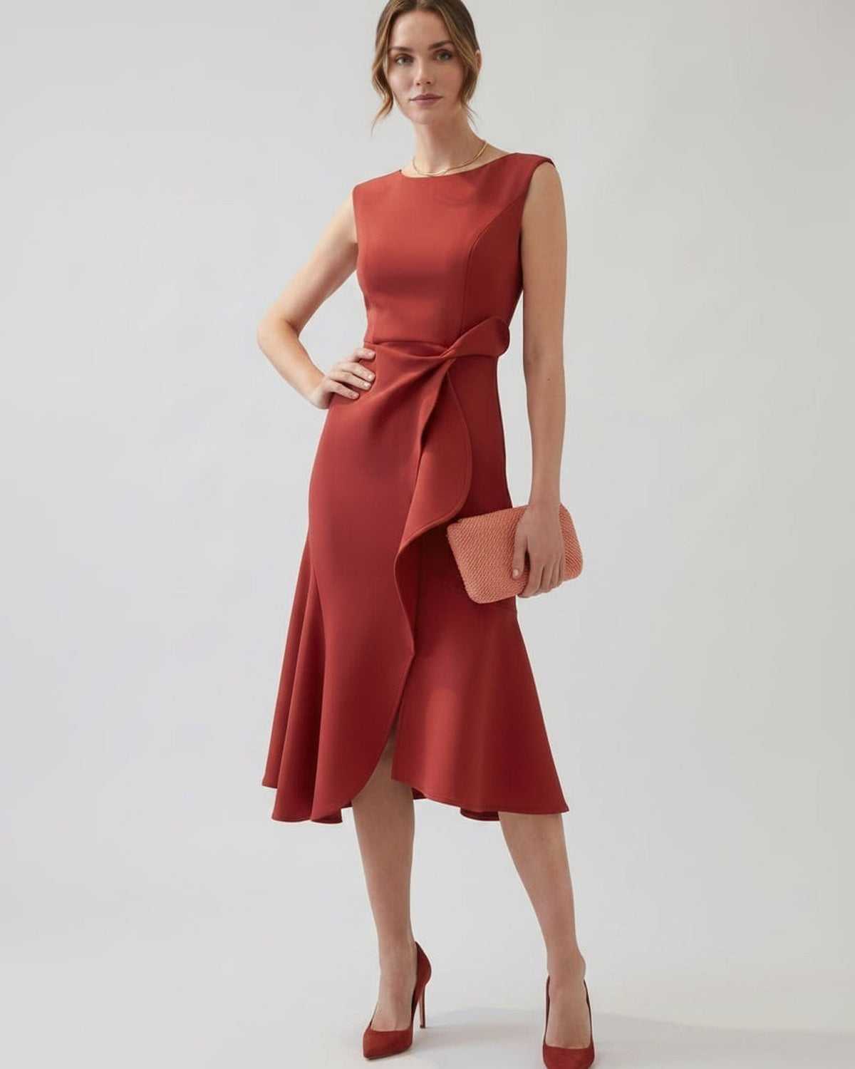 Serelune Midi Dress by Lauven — sleeveless satin midi dress with ruffle detail and fit flare silhouette