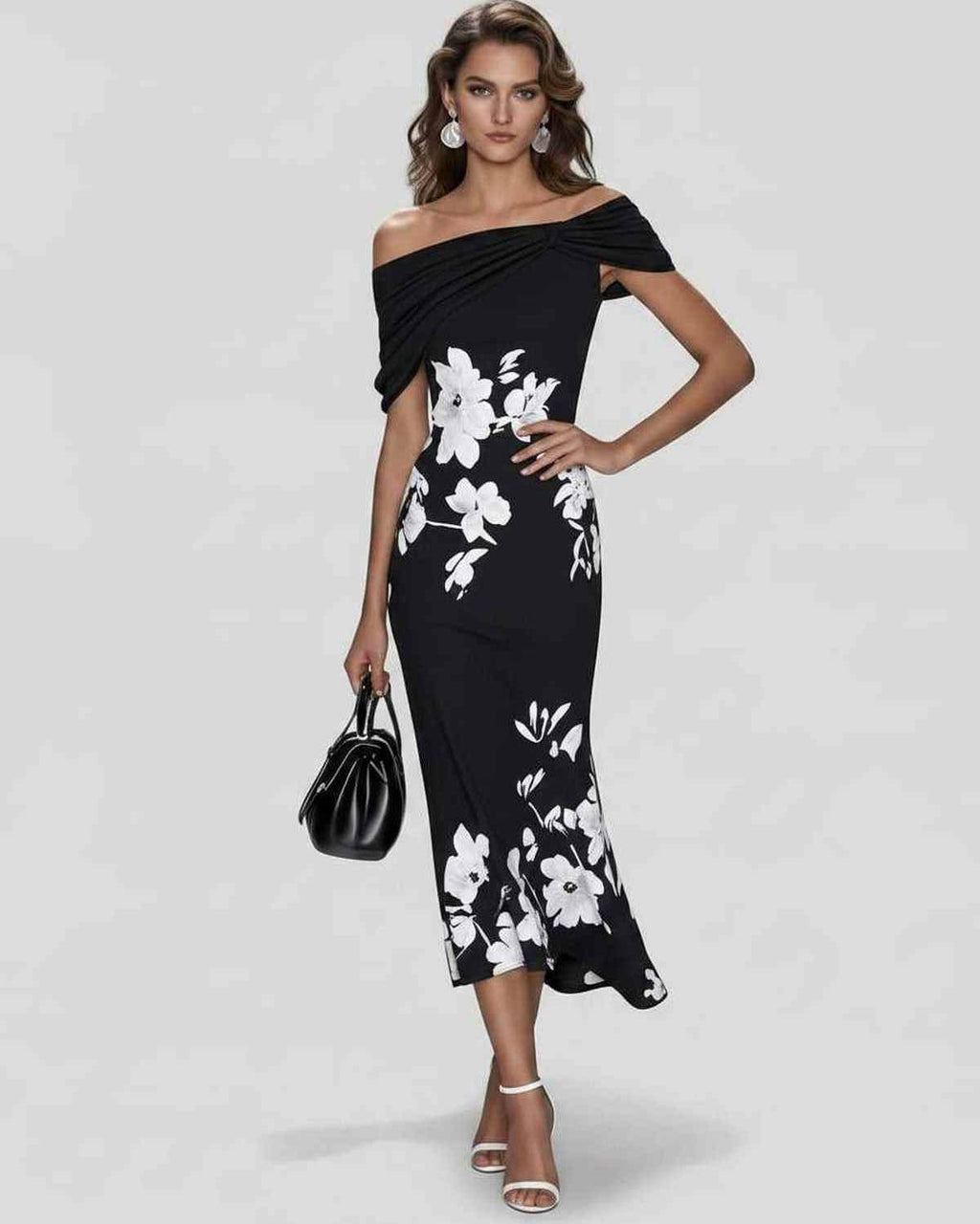 Veloura Midi Dress by Lauven — floral off shoulder satin midi dress with draped sleeves