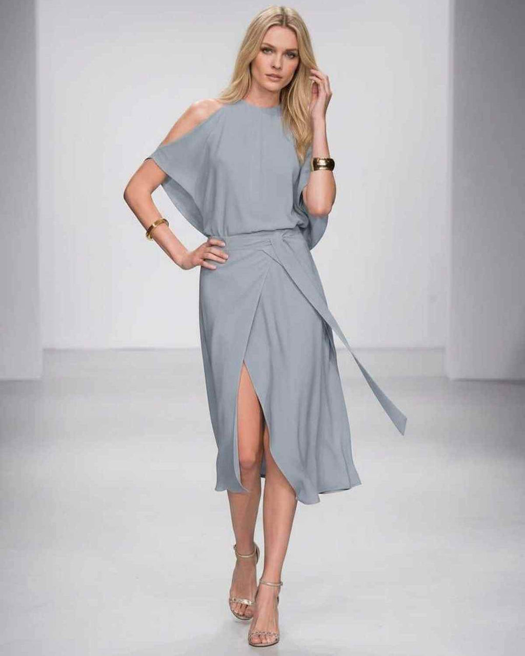 Seralyn Midi Dress by Lauven — halter sleeveless wrap midi dress with tie waist and front slit