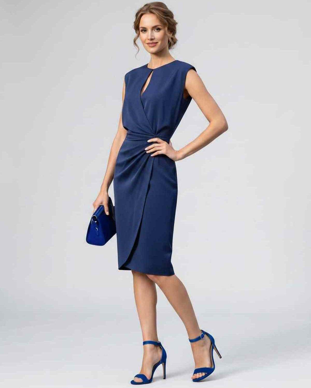 Velmira Midi Dress by Lauven — sleeveless keyhole wrap midi dress with ruched waist