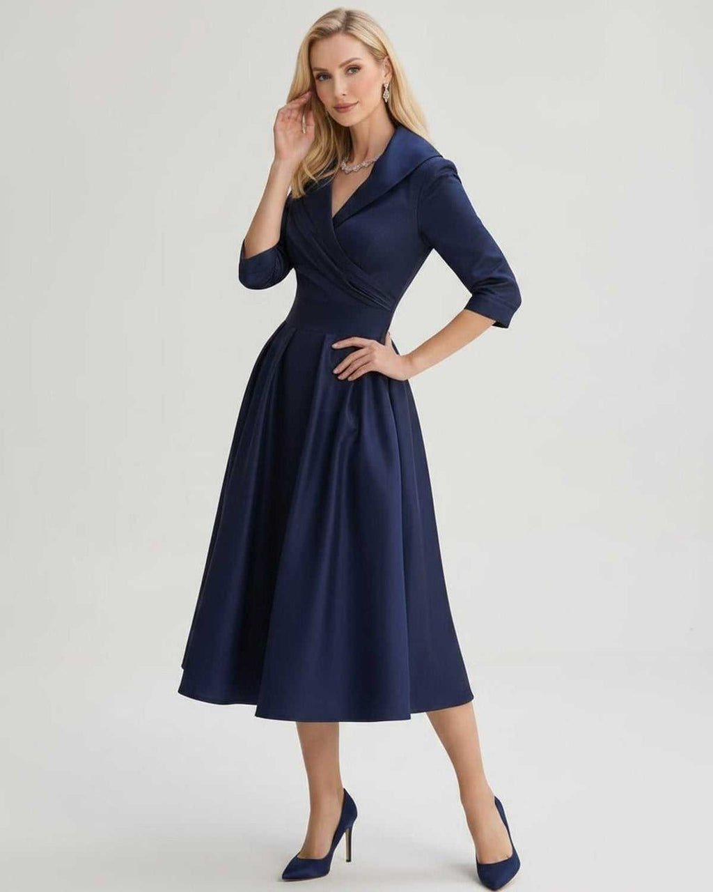 Serelune Midi Dress by Lauven — satin blend 3/4 sleeve V-neck A-line midi dress