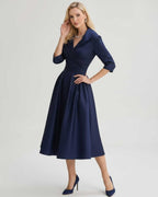 Serelune Midi Dress by Lauven — satin blend 3/4 sleeve V-neck A-line midi dress