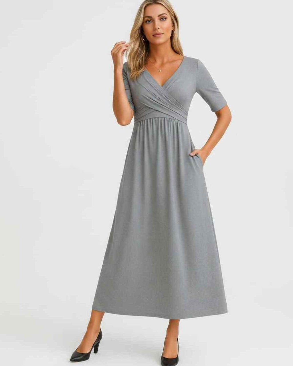 Velmira Midi Dress by Lauven — soft stretch short sleeve V-neck A-line midi dress
