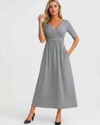 Velmira Midi Dress by Lauven — soft stretch short sleeve V-neck A-line midi dress