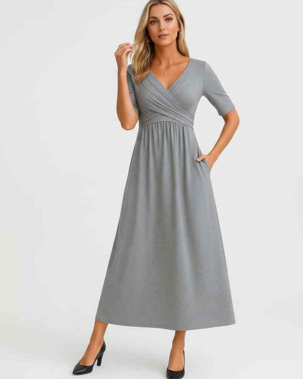 Velmira Midi Dress by Lauven — soft stretch short sleeve V-neck A-line midi dress