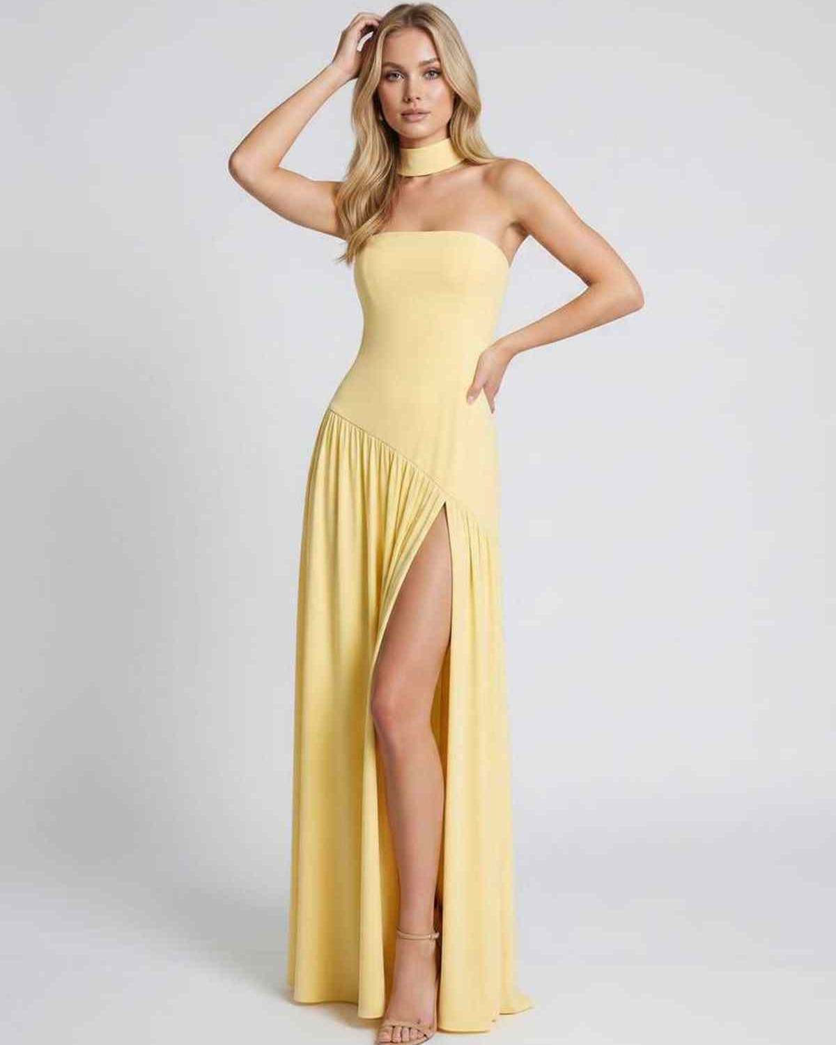 Solenne Maxi Dress by Lauven — stretch knit sleeveless strapless asymmetric maxi dress