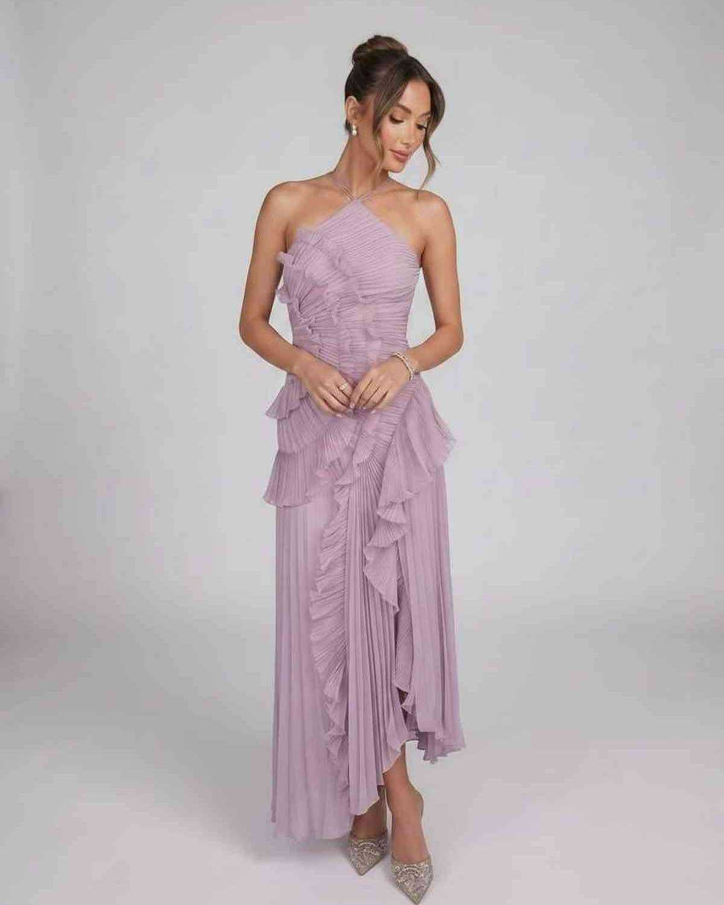 Valerise Maxi Dress by Lauven — chiffon sleeveless halter asymmetrical maxi dress
