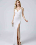 Celeste Maxi Dress by Lauven — sequin sleeveless V-neck mermaid maxi dress with spaghetti straps and front slit