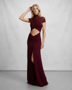 Veloura Maxi Dress by Lauven — polyester short sleeve stand collar flared hem maxi dress