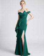 Veloura Maxi Dress by Lauven — polyester spandex off-the-shoulder mermaid maxi dress with slit