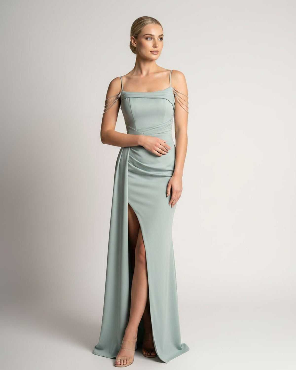Celestia Maxi Dress by Lauven — polyester spaghetti strap mermaid maxi dress with beading and split