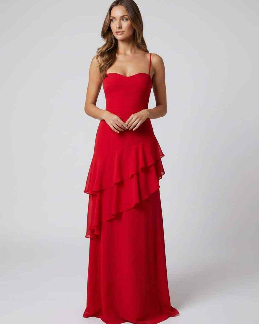 Rosette Maxi Dress by Lauven — polyester V-neck sleeveless bodycon maxi dress with layered ruffles