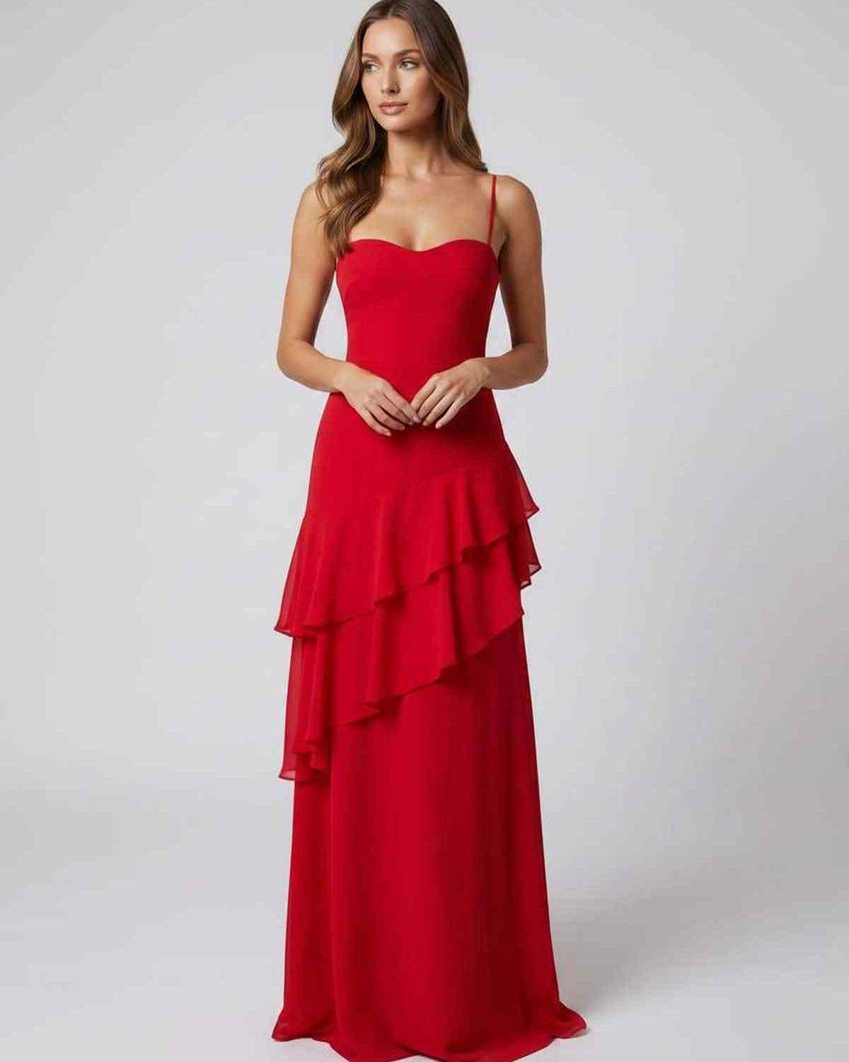 Rosette Maxi Dress by Lauven — polyester V-neck sleeveless bodycon maxi dress with layered ruffles