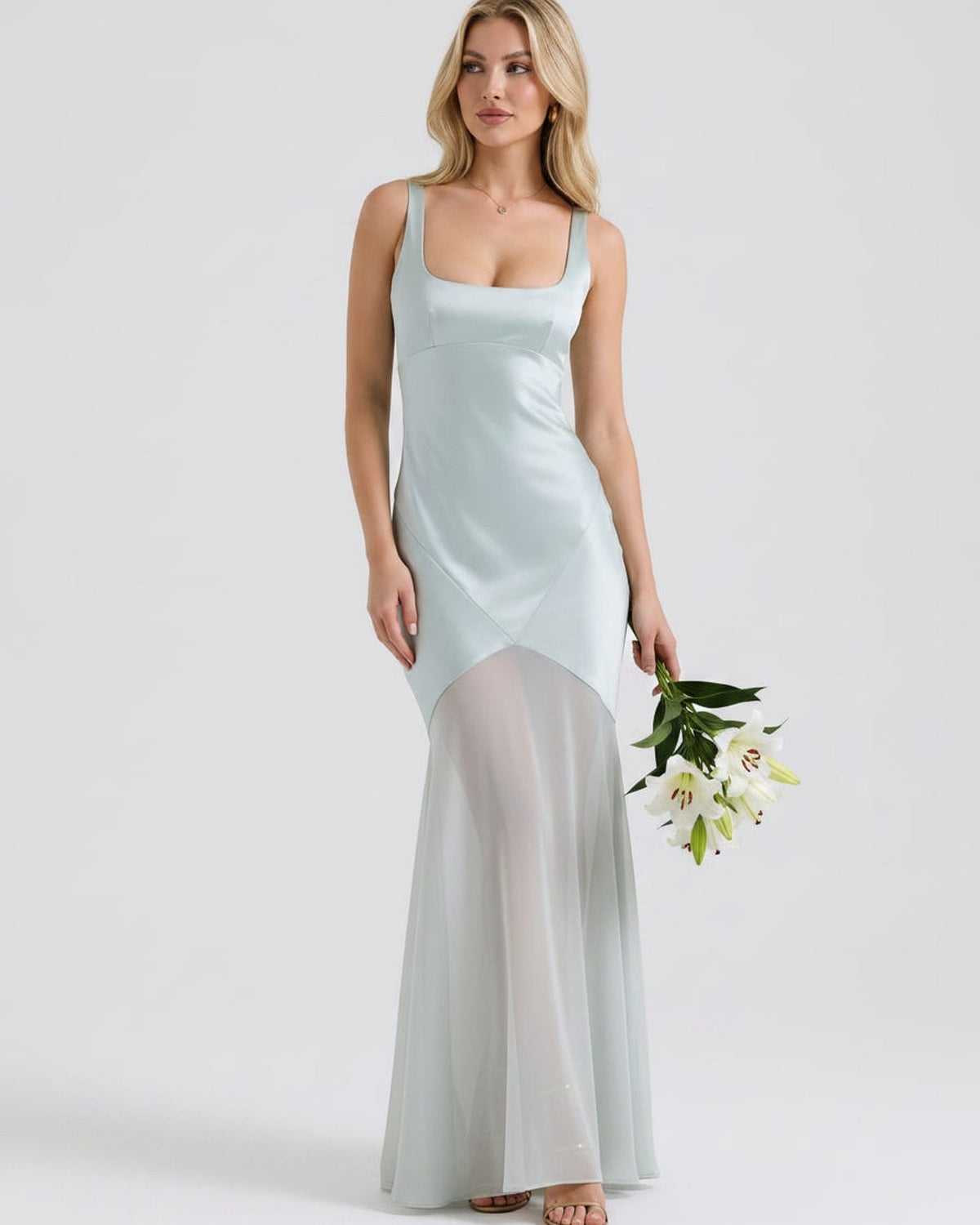 Lunelle Maxi Dress by Lauven — polyester square neck sleeveless slip maxi dress with satin chiffon detail