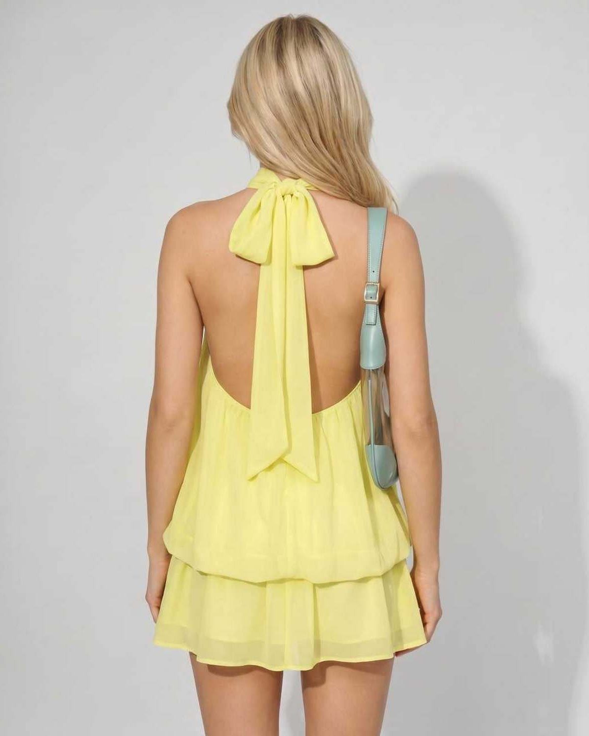 Lunelle Mini Dress by Lauven — polyester sleeveless tie neck loose fit mini dress