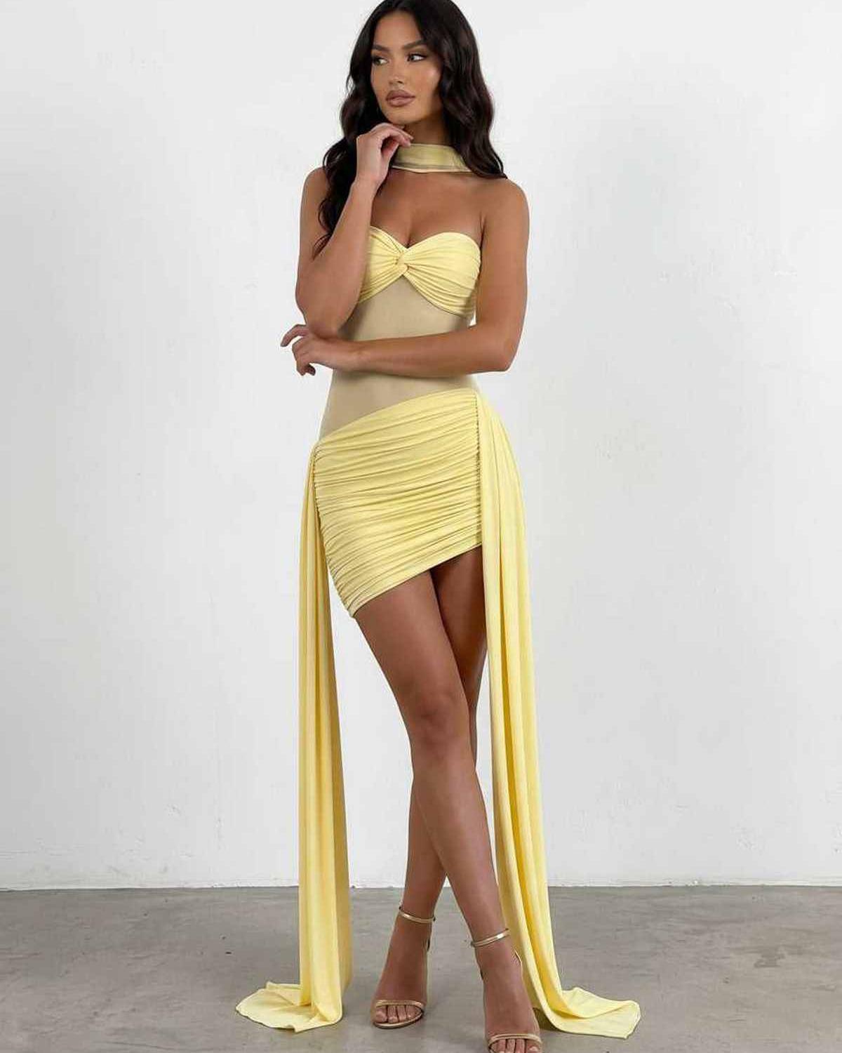 Veloura Mini Dress by Lauven — polyester strapless bodycon mini dress with draped detail