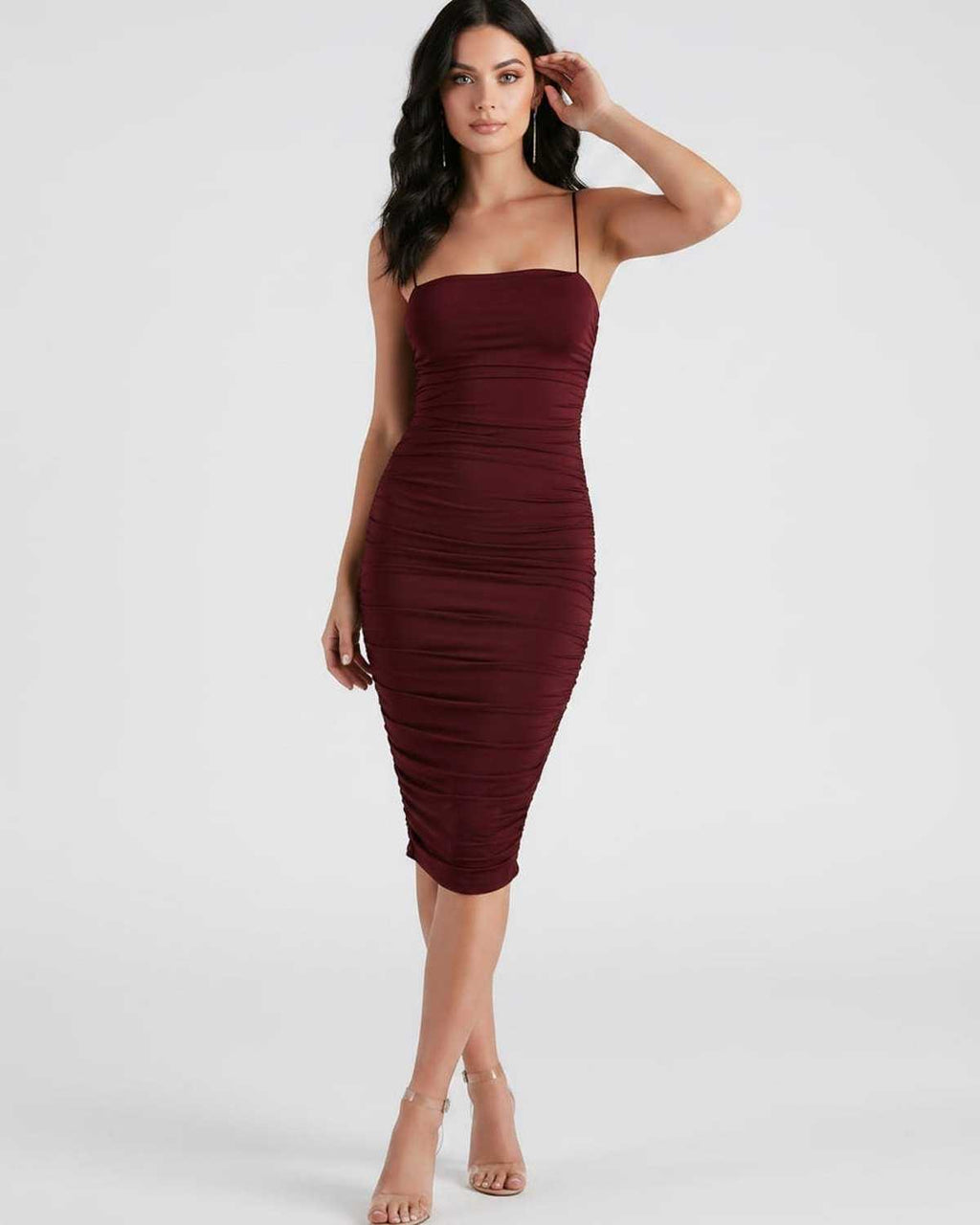 Velora Midi Dress by Lauven — smooth knit sleeveless square neck ruched slim midi dress