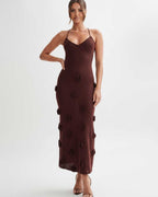 Rosette Maxi Dress by Lauven — textured polyester knit sleeveless V-neck floral maxi dress