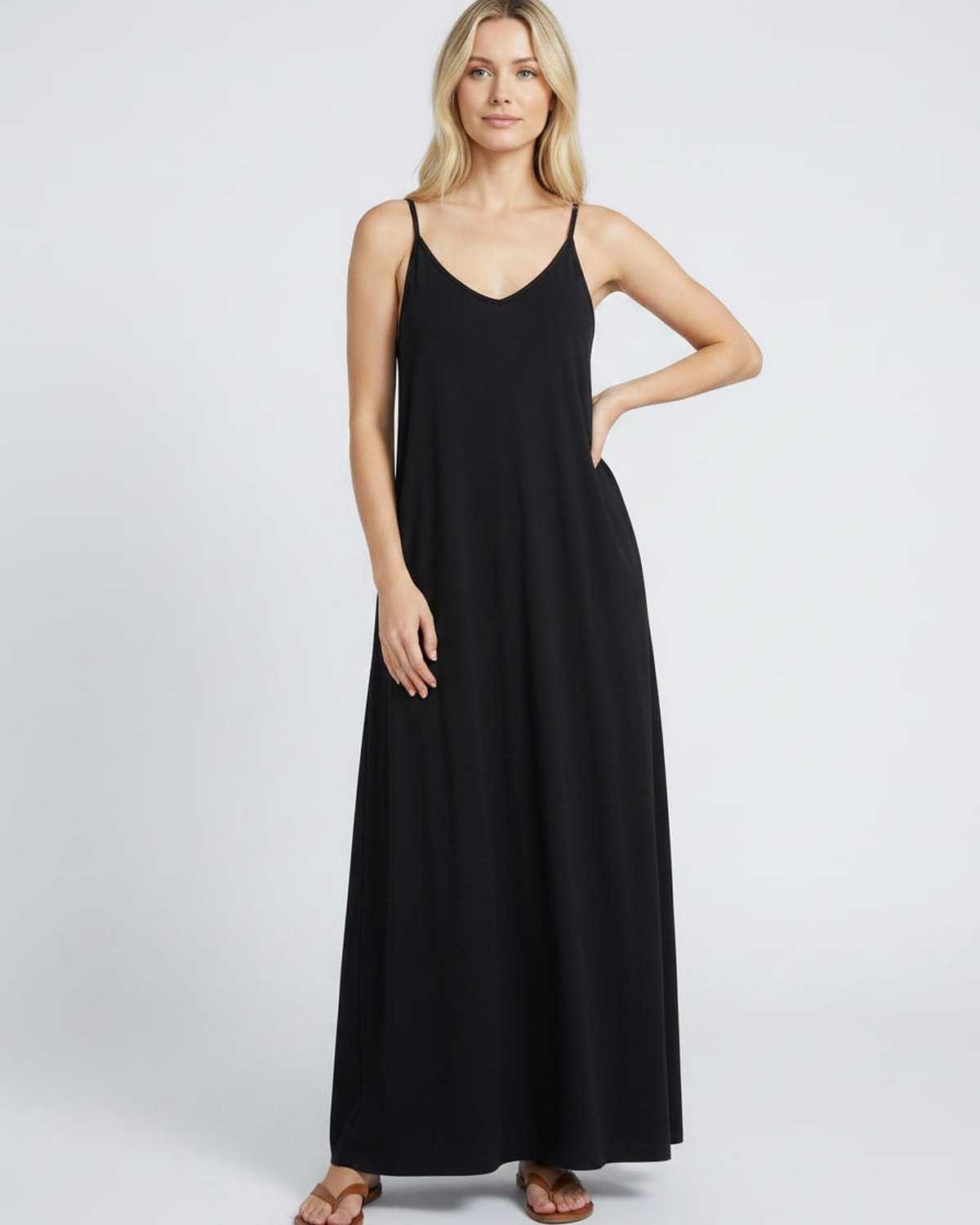 Solenne Maxi Dress by Lauven — soft stretch sleeveless V-neck relaxed A-line maxi dress