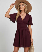 Calista Mini Dress by Lauven — chiffon ruffled short sleeve V-neck A-line mini dress