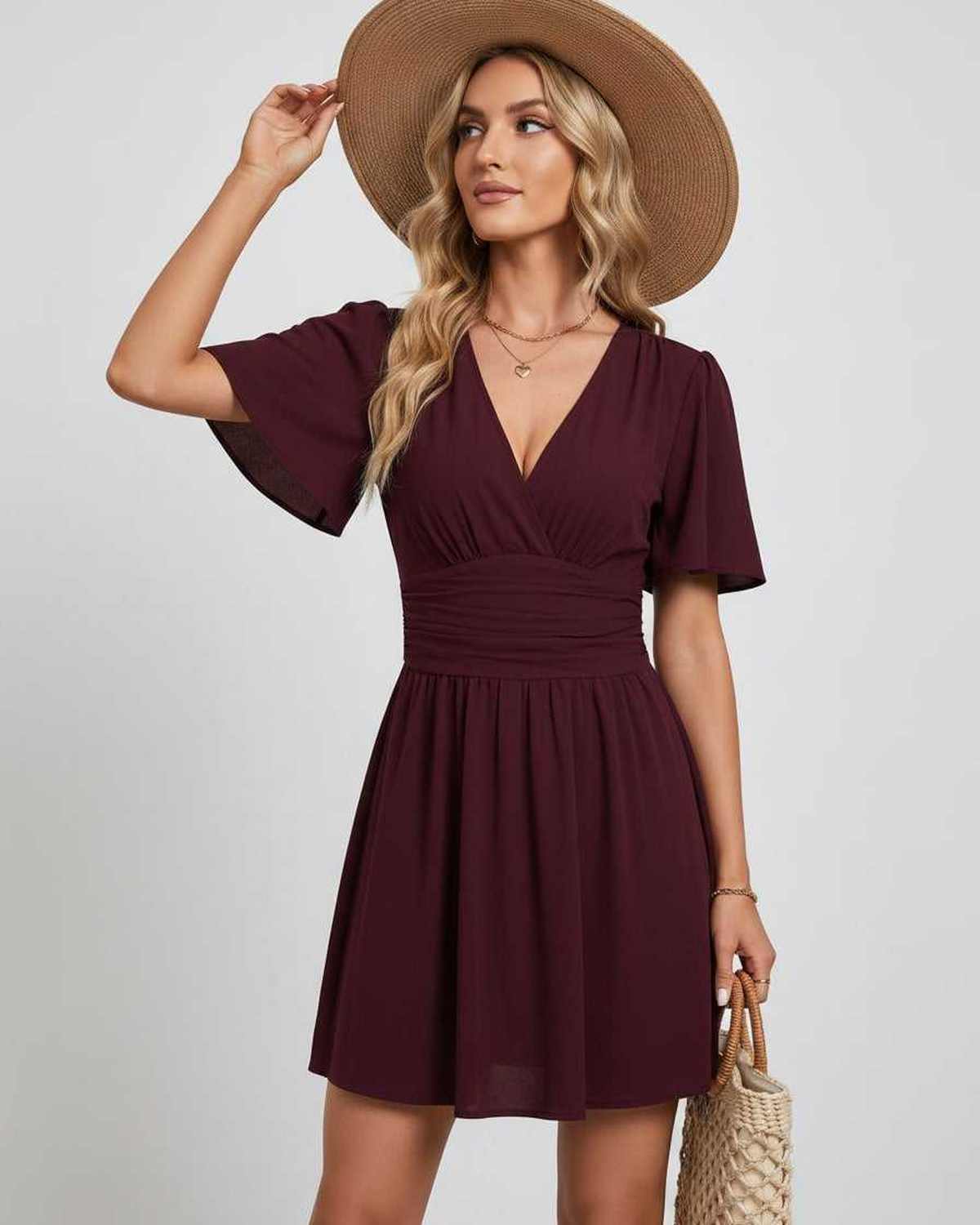Calista Mini Dress by Lauven — chiffon ruffled short sleeve V-neck A-line mini dress