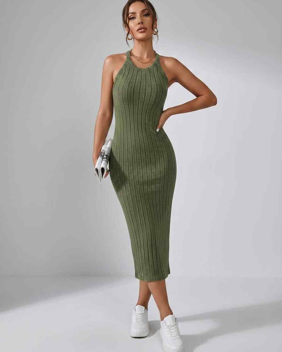 Lunara Midi Dress by Lauven — ribbed knit sleeveless crew neck slim-fit midi dress