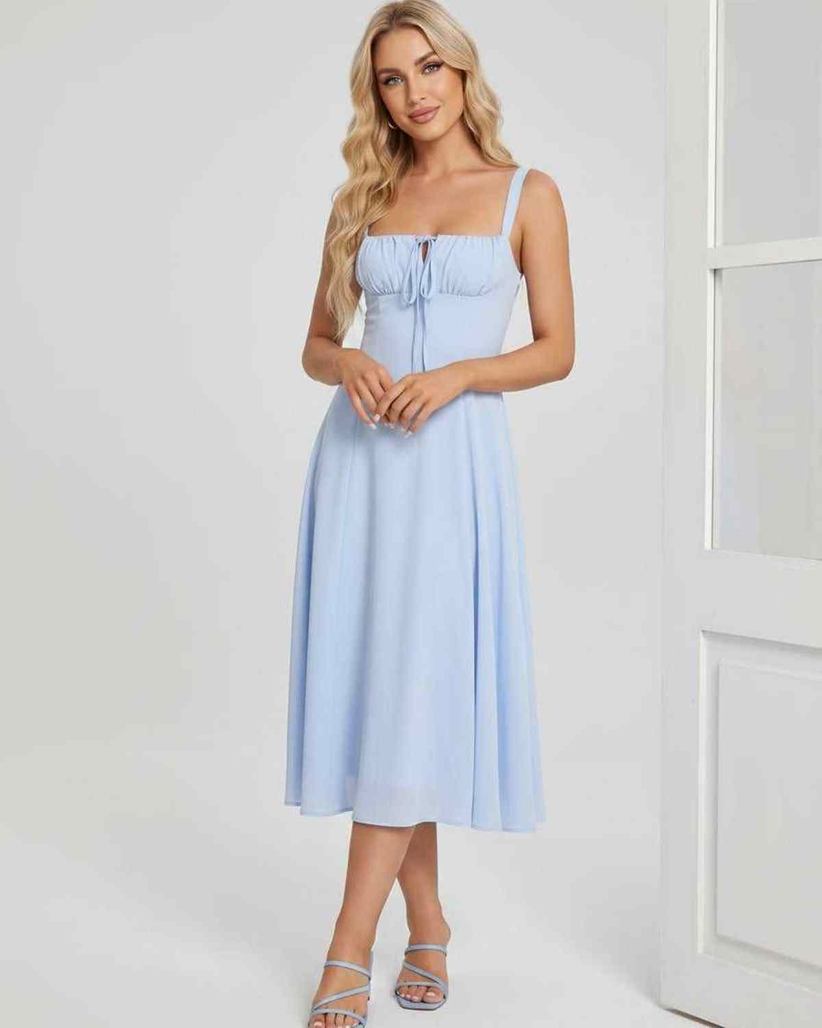 Serelune Midi Dress by Lauven — lightweight sleeveless square neck A-line midi dress