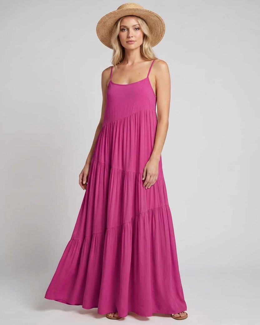 Solenne Maxi Dress by Lauven — lilac rayon blend sleeveless scoop neck tiered A-line maxi dress
