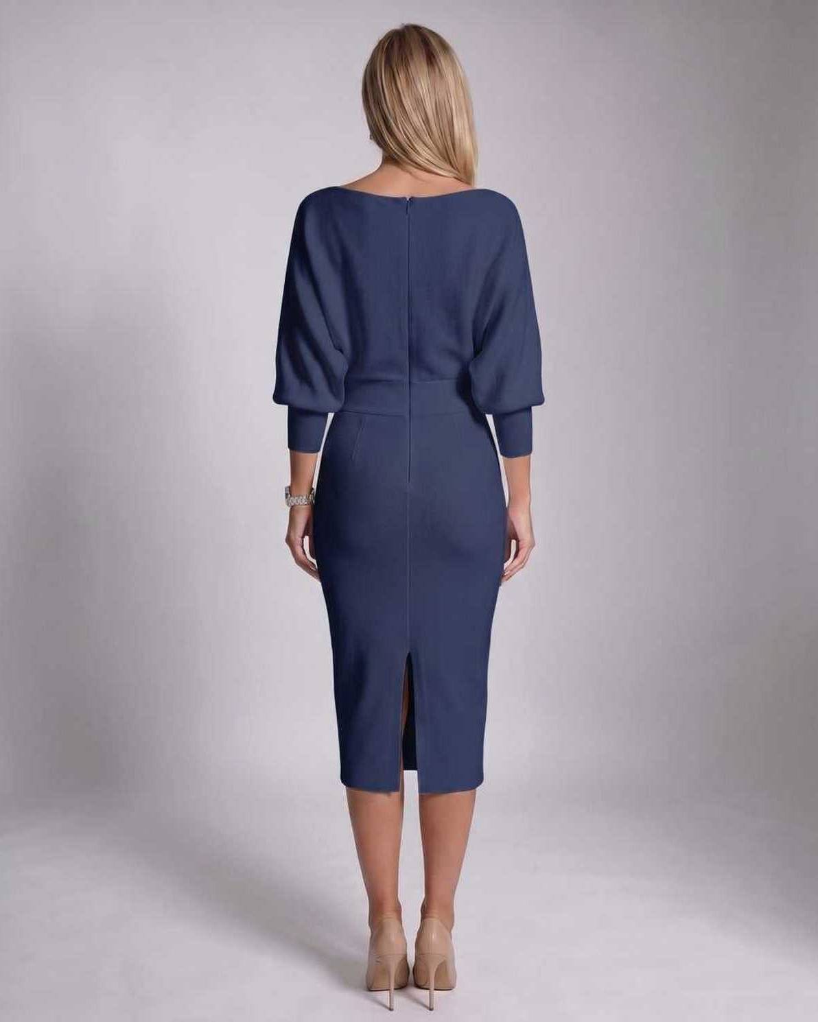 Serene Midi Dress by Lauven — knit batwing sleeve cowl neck fitted midi dress