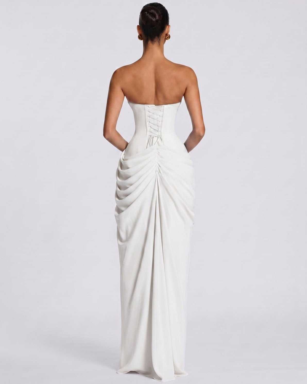Seraphine Maxi Dress by Lauven — chiffon strapless pleated high slit maxi dress