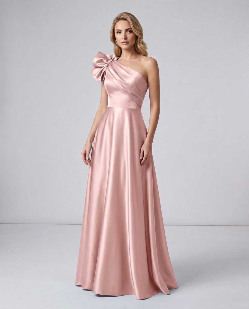 Aurevina Maxi Dress by Lauven — blush satin one shoulder A-line maxi dress with ruffle detail